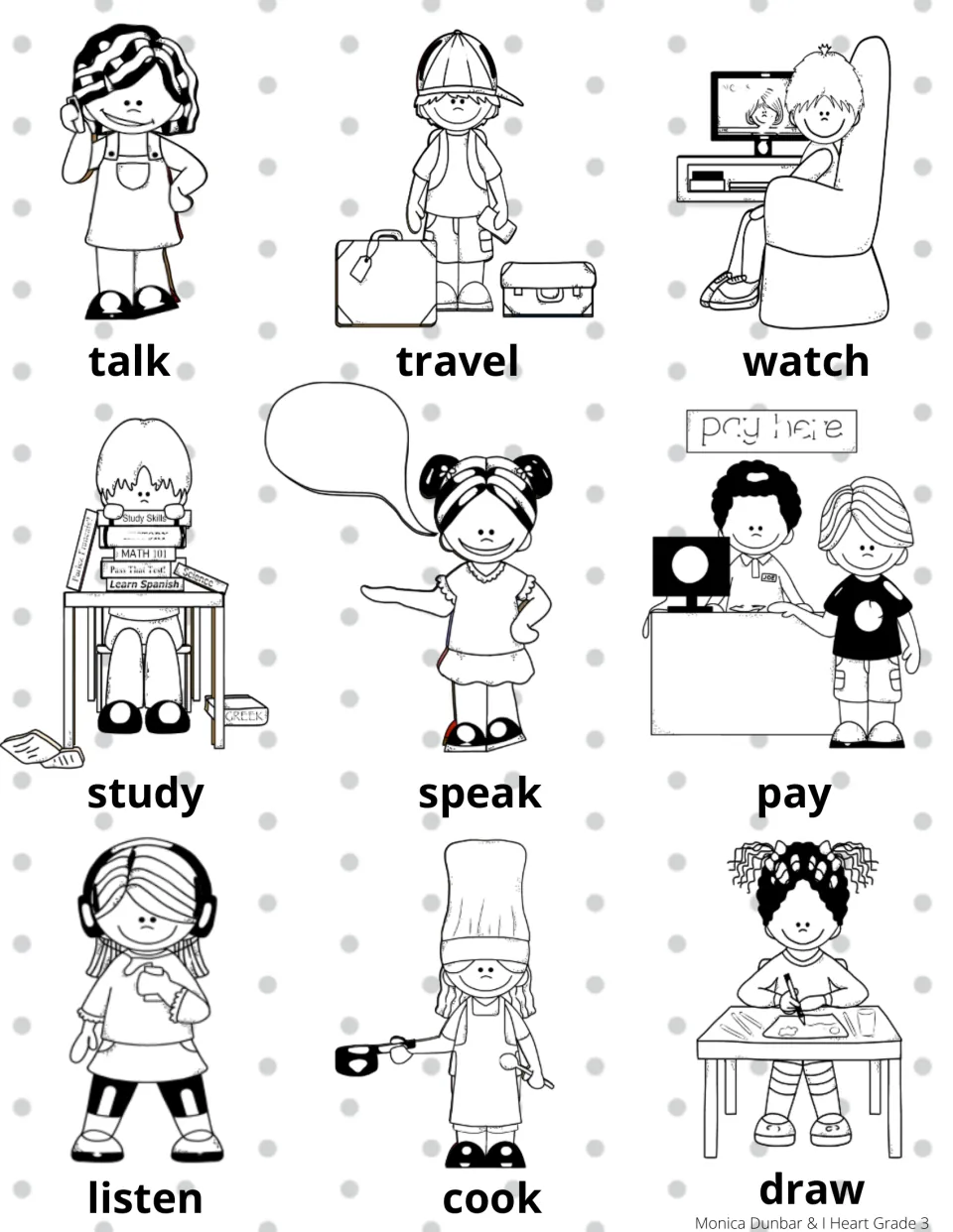 Blackline verb picture cards: outline drawings for talk, travel, watch, study, speak, pay, listen, cook and draw to color