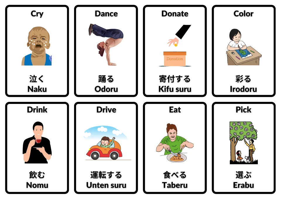English–Japanese action flashcards with Romaji: cry, dance, donate, color, drink, drive, eat and pick