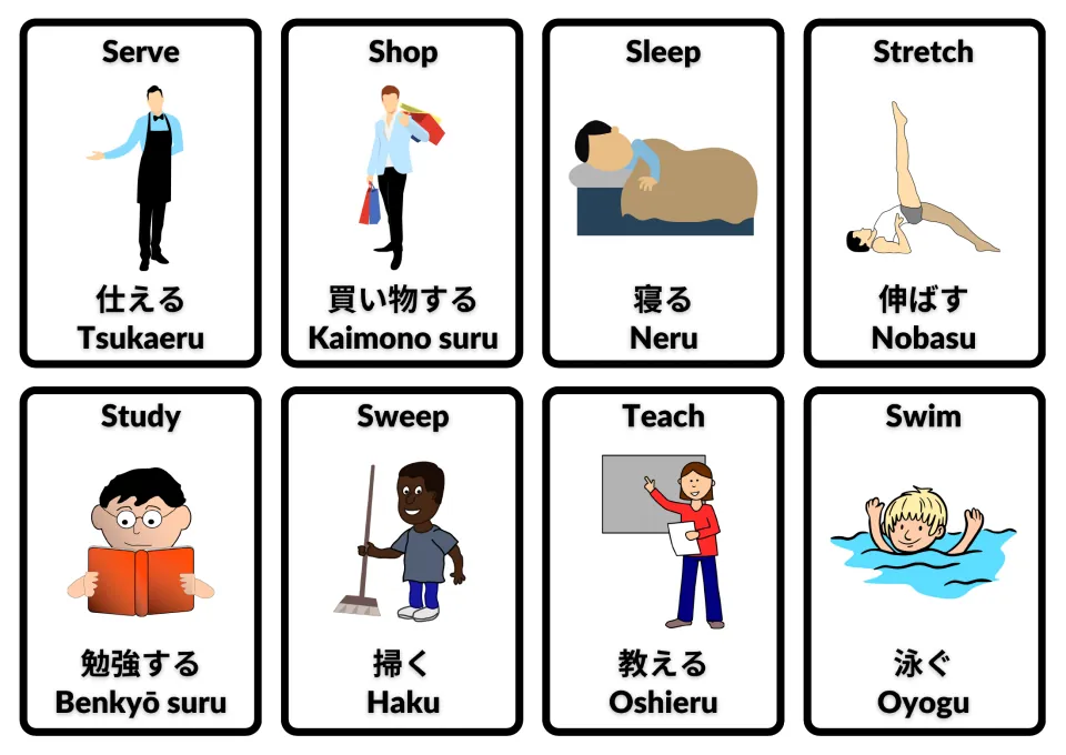 English–Japanese action flashcards with Romaji: serve, shop, sleep, stretch, study, sweep, teach and swim