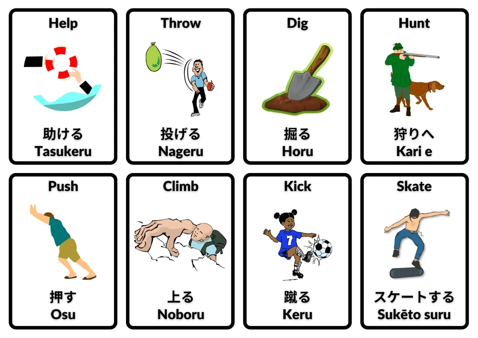 English–Japanese action flashcards with Romaji: help, throw, dig, hunt, push, climb, kick and skate
