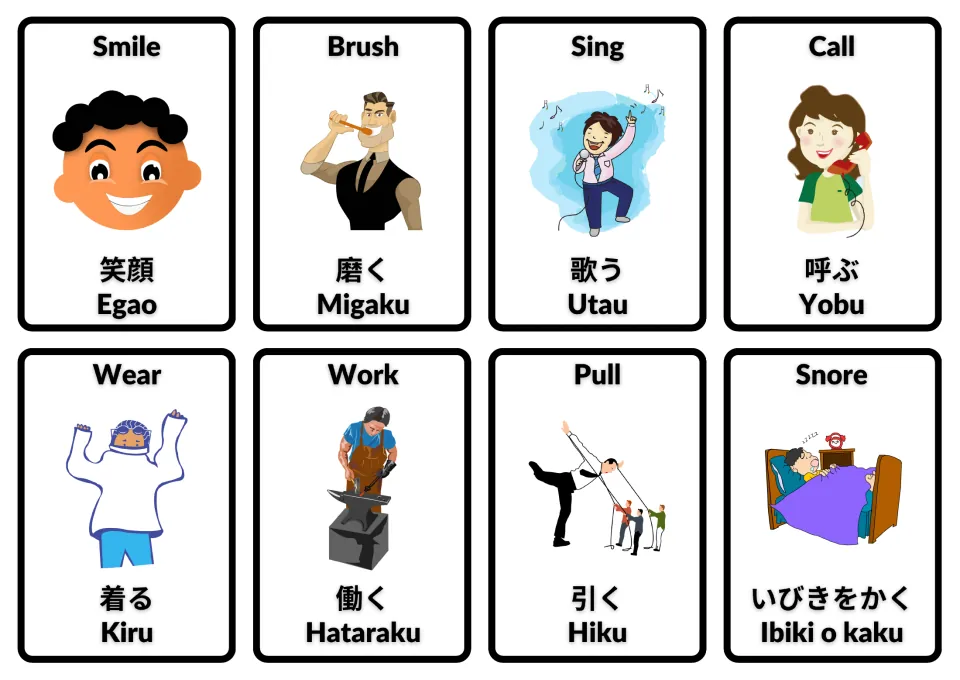 English–Japanese action flashcards with Romaji: smile, brush, sing, call, wear, work, pull and snore