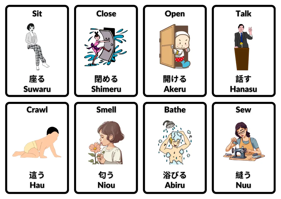 English–Japanese action flashcards with Romaji: sit, close, open, talk, crawl, smell, bathe and sew