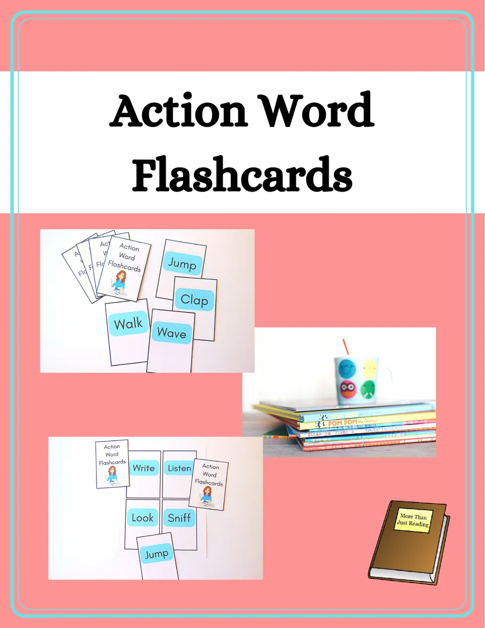 Action Word Flashcards cover: photos of verb cards such as Walk, Jump, Clap, Wave, Write and Sniff beside books
