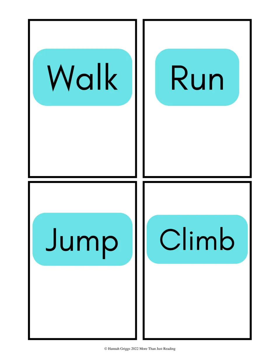 Movement verb cards Walk, Run, Jump and Climb for students to read aloud or act out when the teacher holds a card up