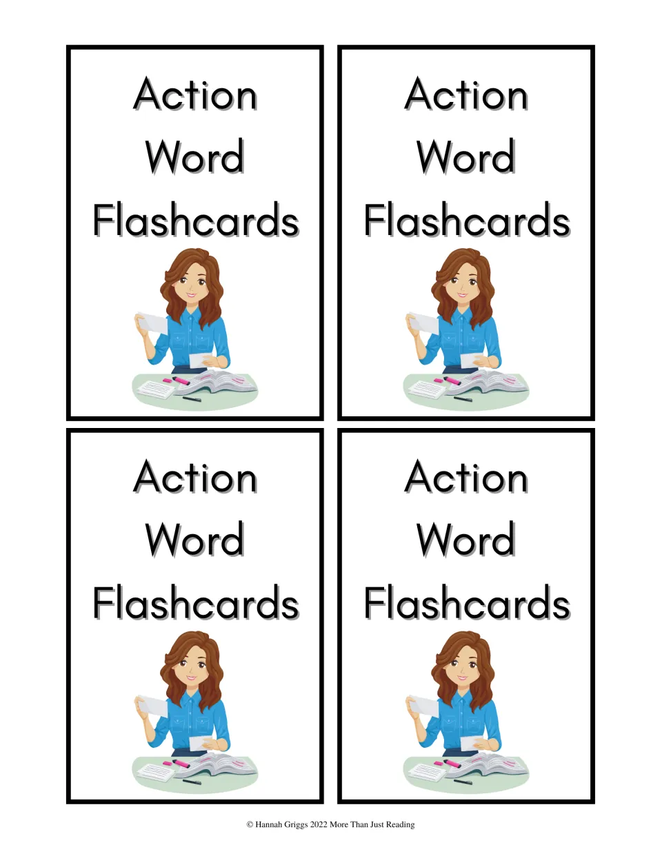 Title cards: four matching cards with the resource name and a teacher holding a flashcard, usable as backs for verb cards