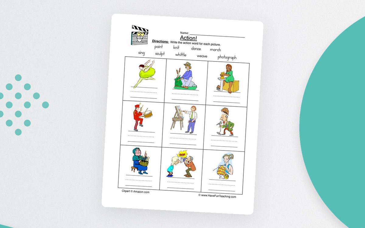 Action words worksheet with nine illustrated activities and lines for writing the matching verbs.