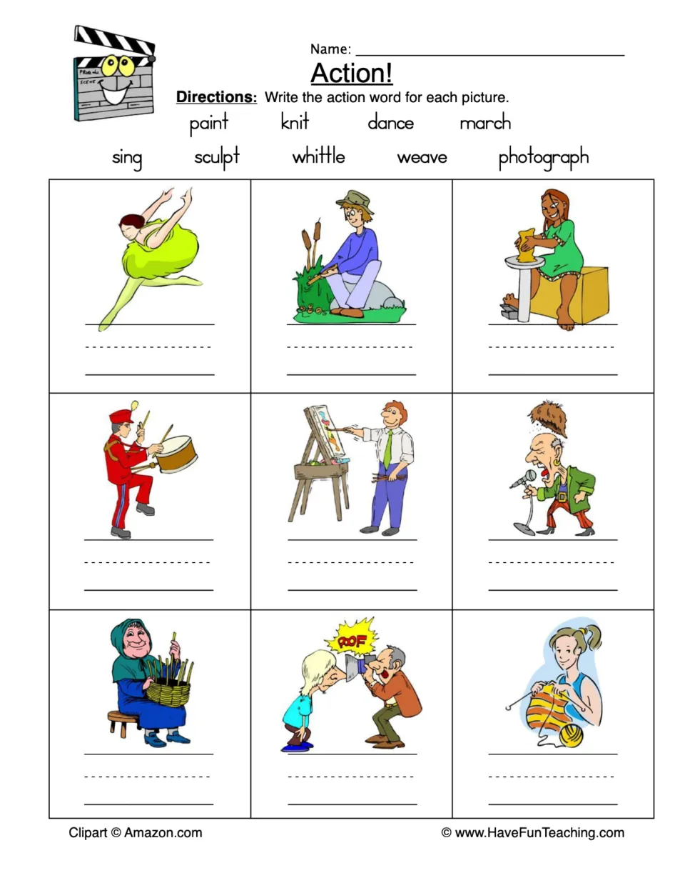 Action! verbs: students write the action word from a bank of 9, such as dance, knit and sculpt, under each of 9 pictures