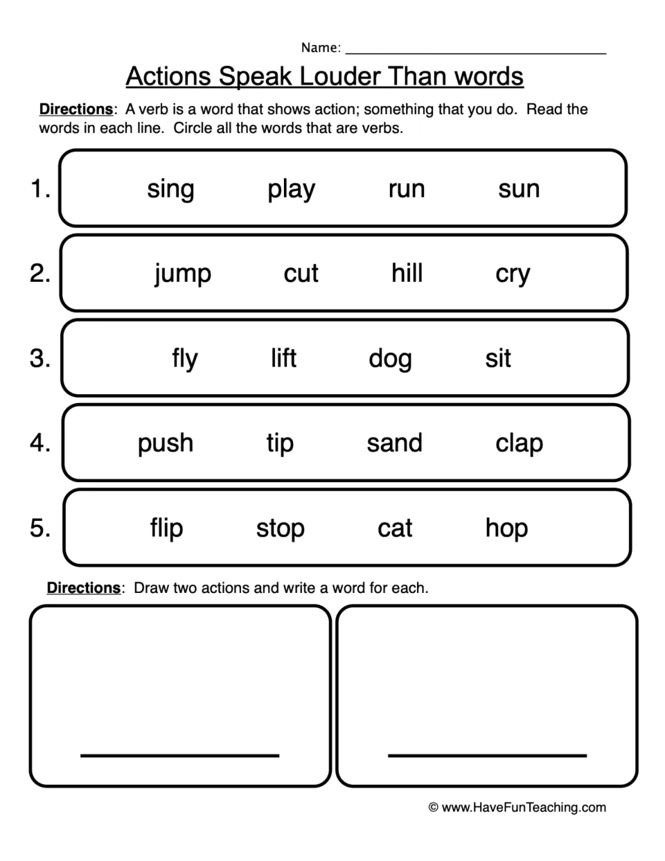 Verb practice sheet: circle action words such as sing, jump, and clap, then draw and label two actions.