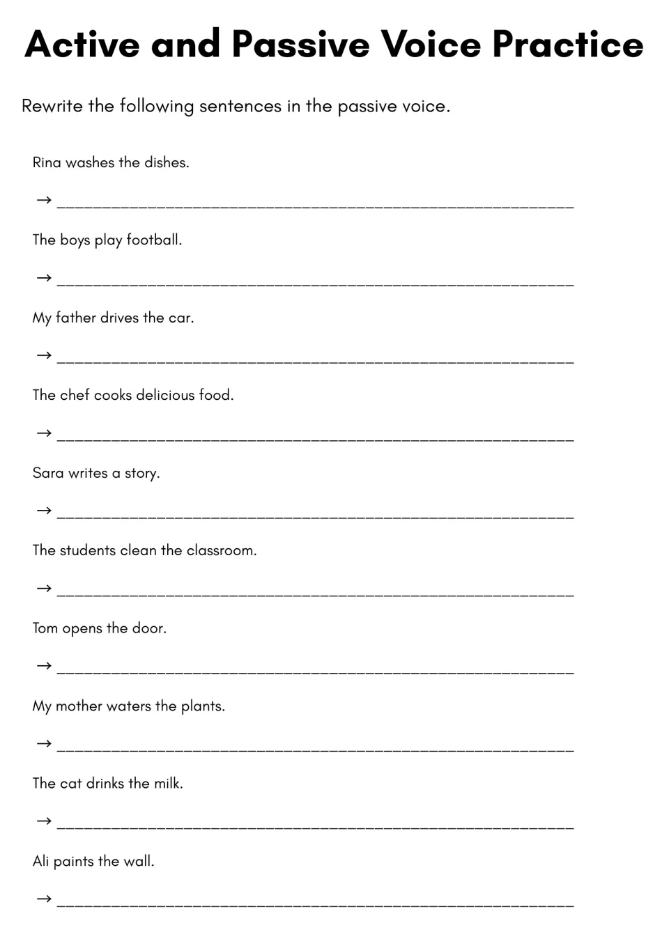 Active and passive voice: students rewrite 10 active sentences, like Rina washes the dishes, in the passive voice