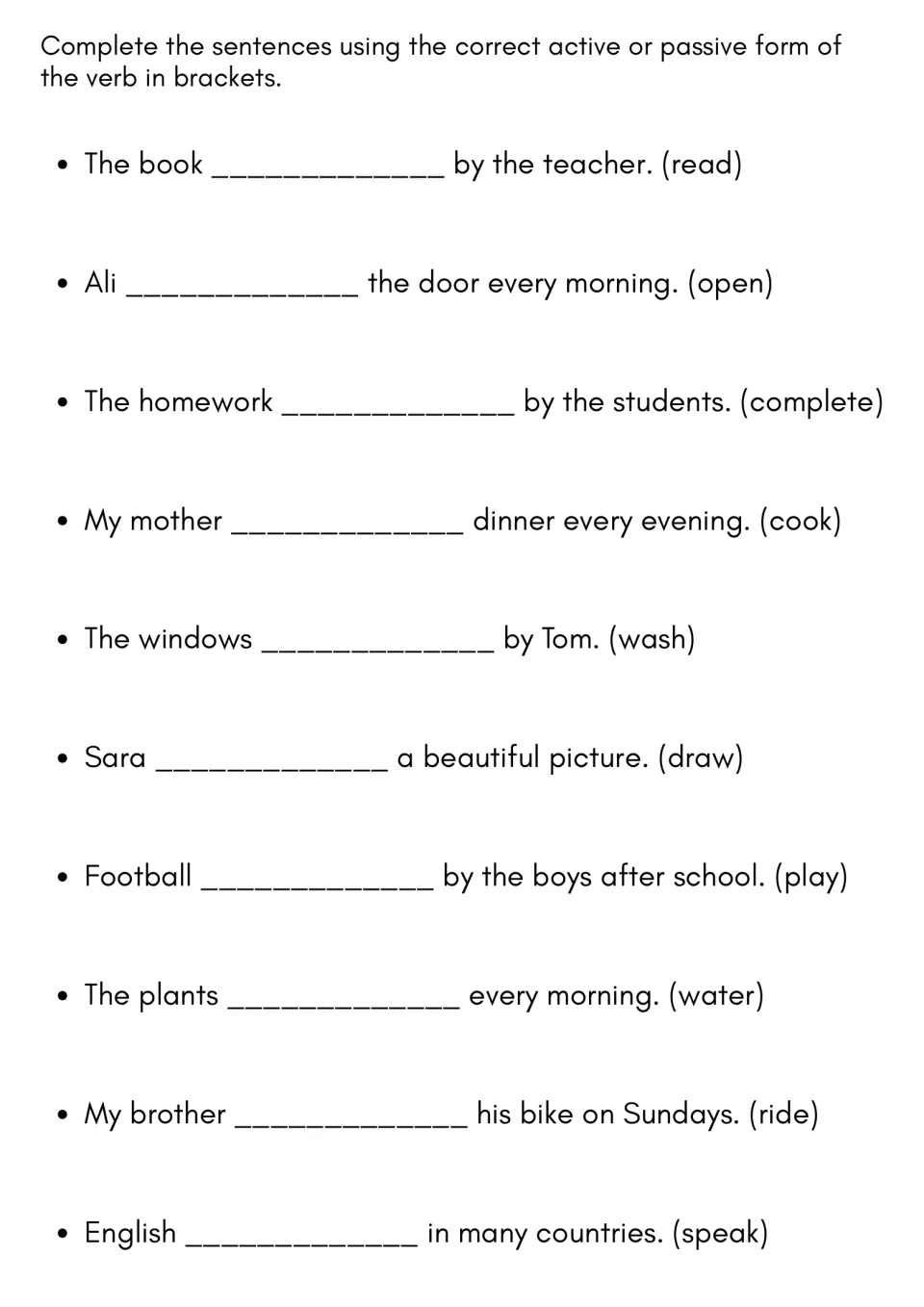 Verb forms in context: students fill 10 gaps with the active or passive form of a bracketed verb such as read or cook