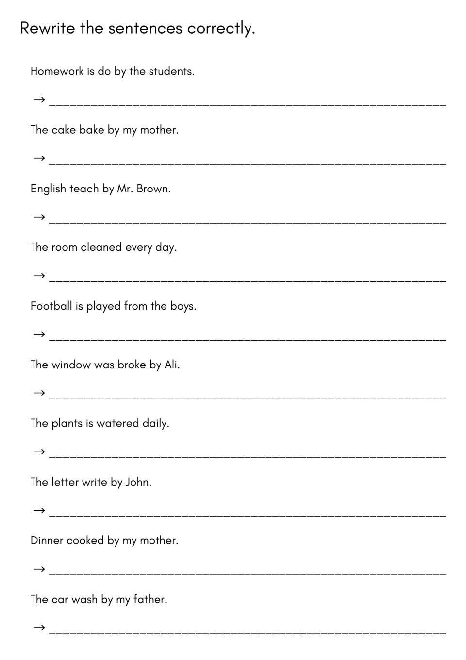 Error correction in the passive voice: students fix 10 faulty sentences such as Homework is do by the students