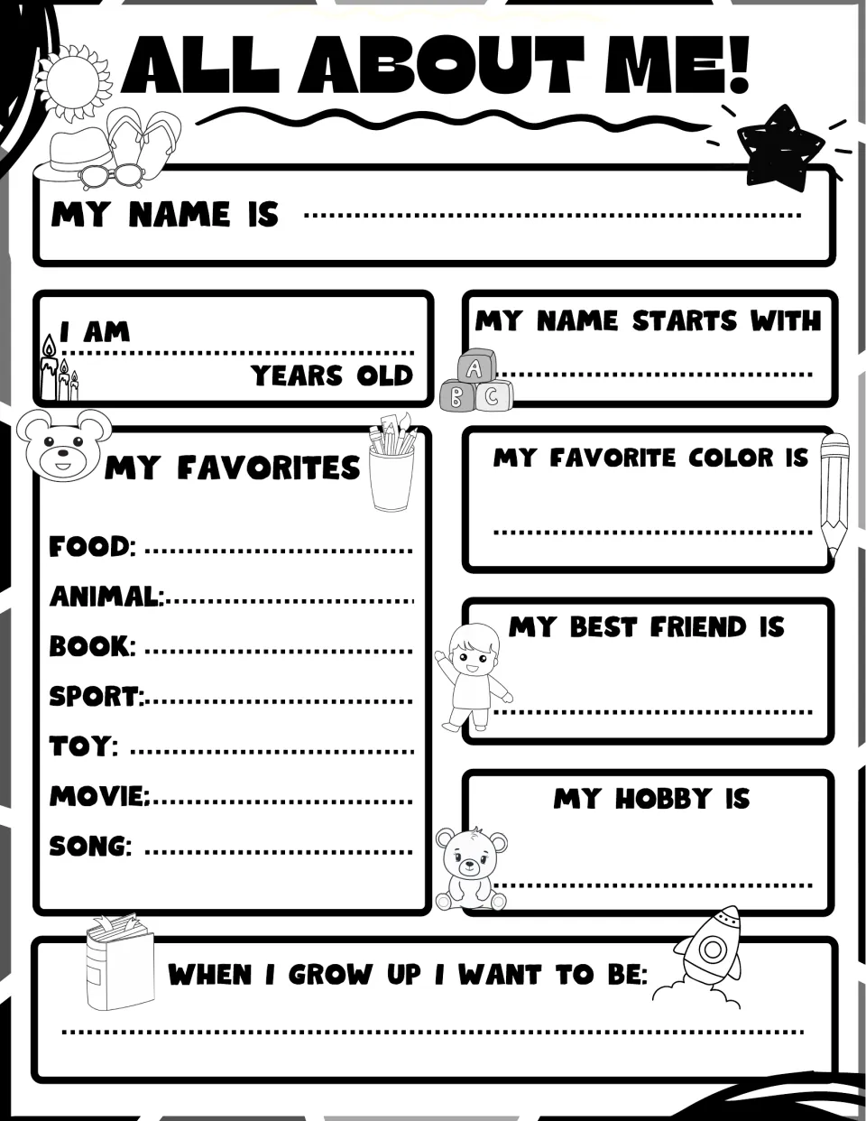 Black-and-white student profile: name, age, first initial, favorites, best friend, hobby, and future job.