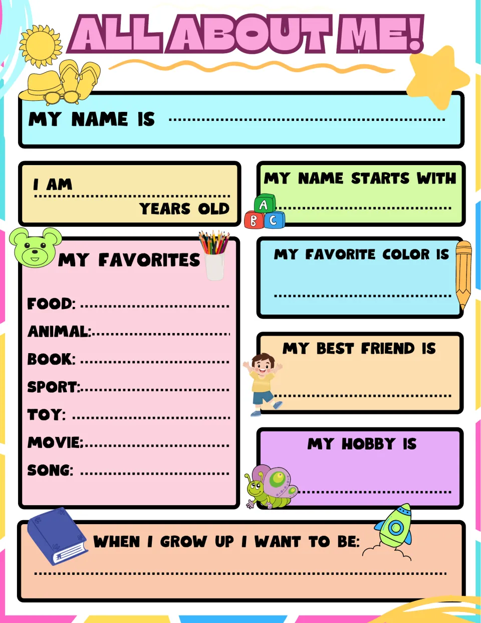 Color student profile with prompts for name, age, first initial, favorites, best friend, hobby, and future job.