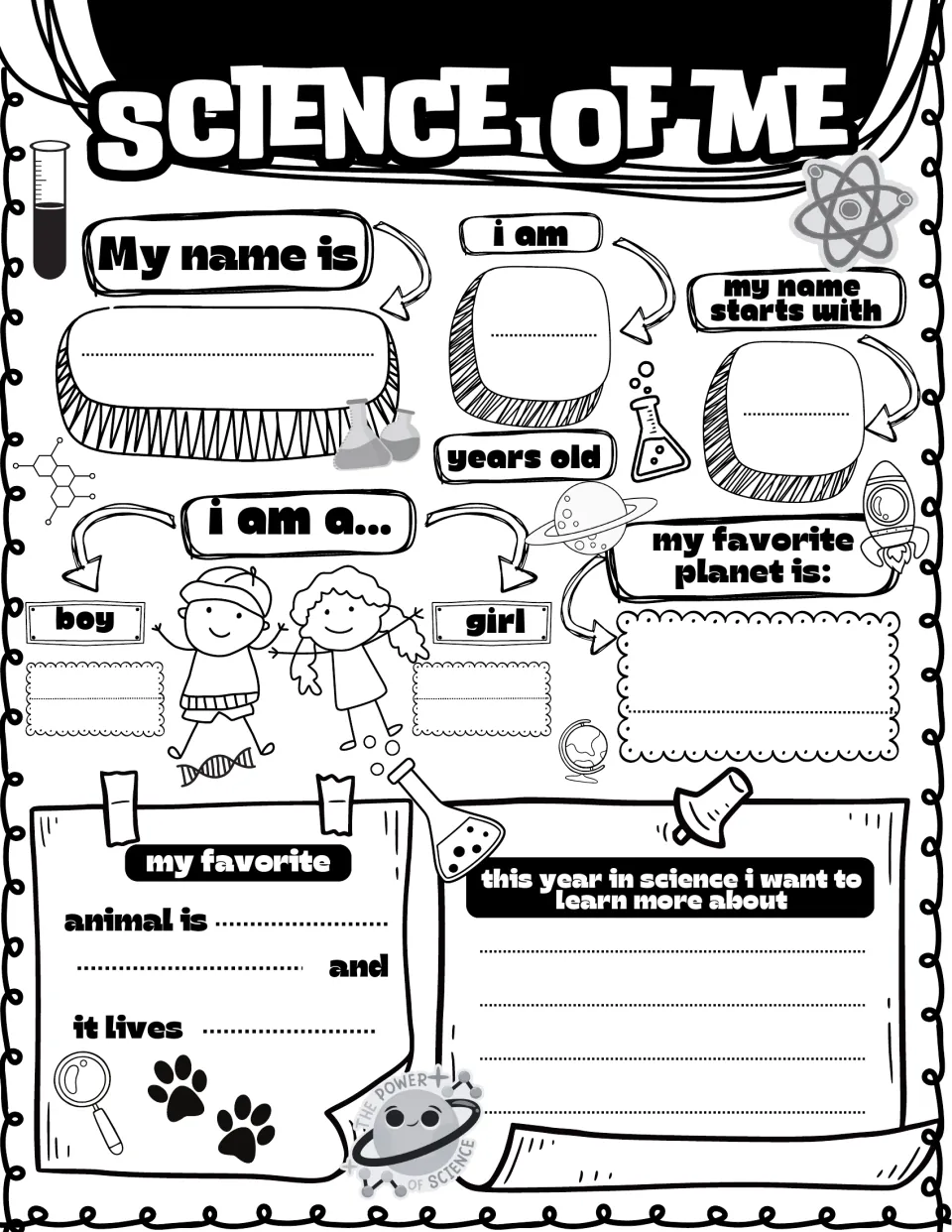 Science of Me, black and white: students write their name, age, favorite planet and animal, and what they want to learn