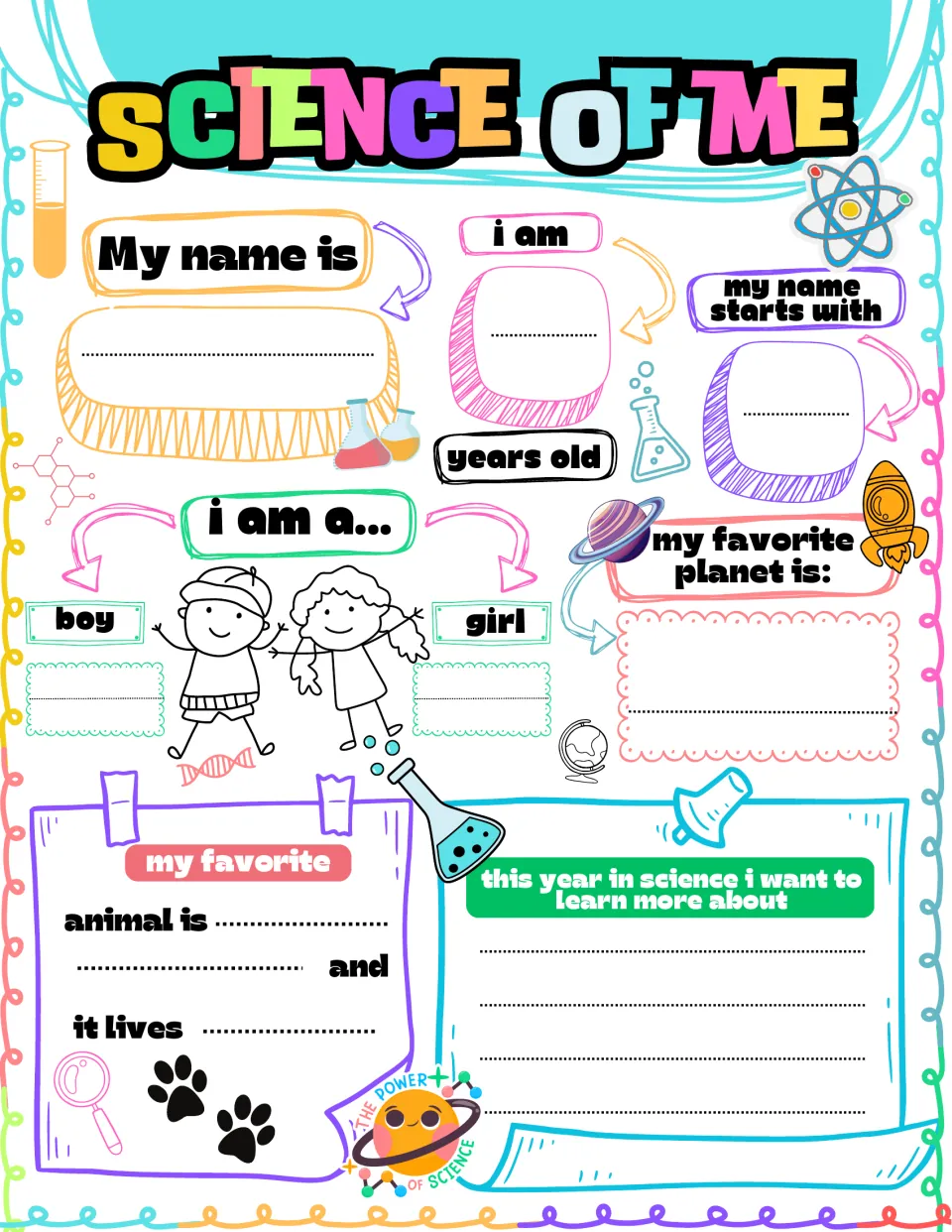 Science of Me in color: students fill in their name, first letter, boy or girl, a favorite animal and where it lives