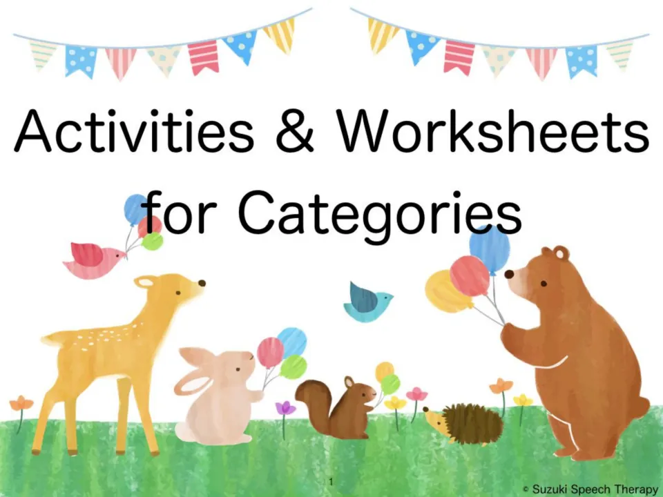 Activities & Worksheets for Categories cover showing woodland animals holding balloons under colorful bunting