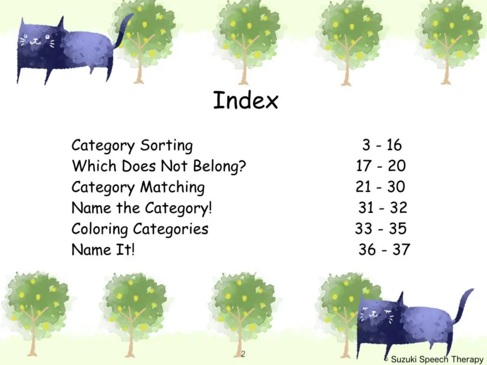 Index listing six category activities: sorting, which does not belong, matching, name the category, coloring, name it