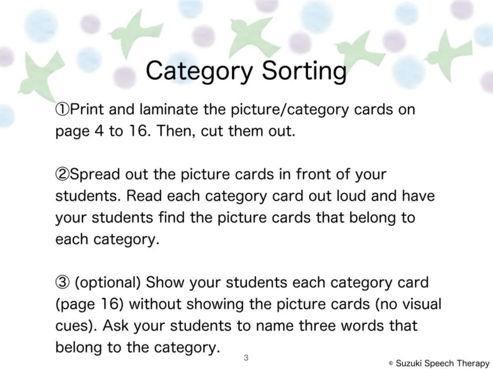 Category sorting directions: laminate and cut picture cards, then students find pictures that fit each spoken category