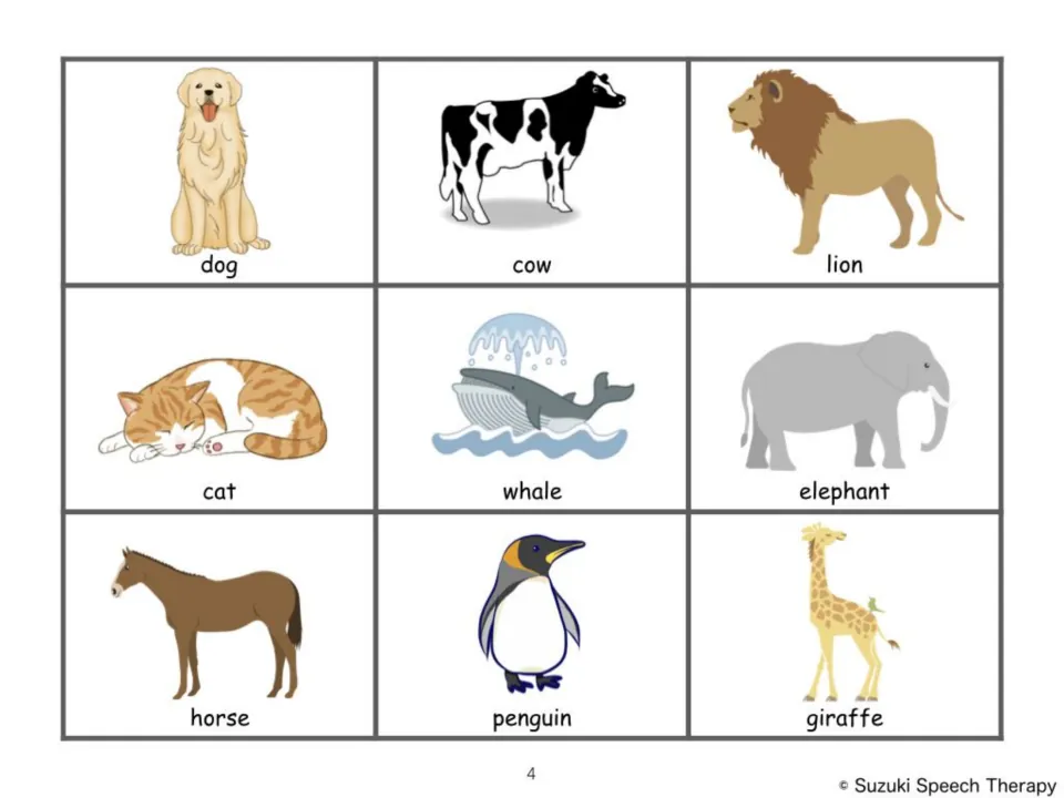 Animal picture cards for sorting: dog, cow, lion, cat, whale, elephant, horse, penguin and giraffe, each labeled