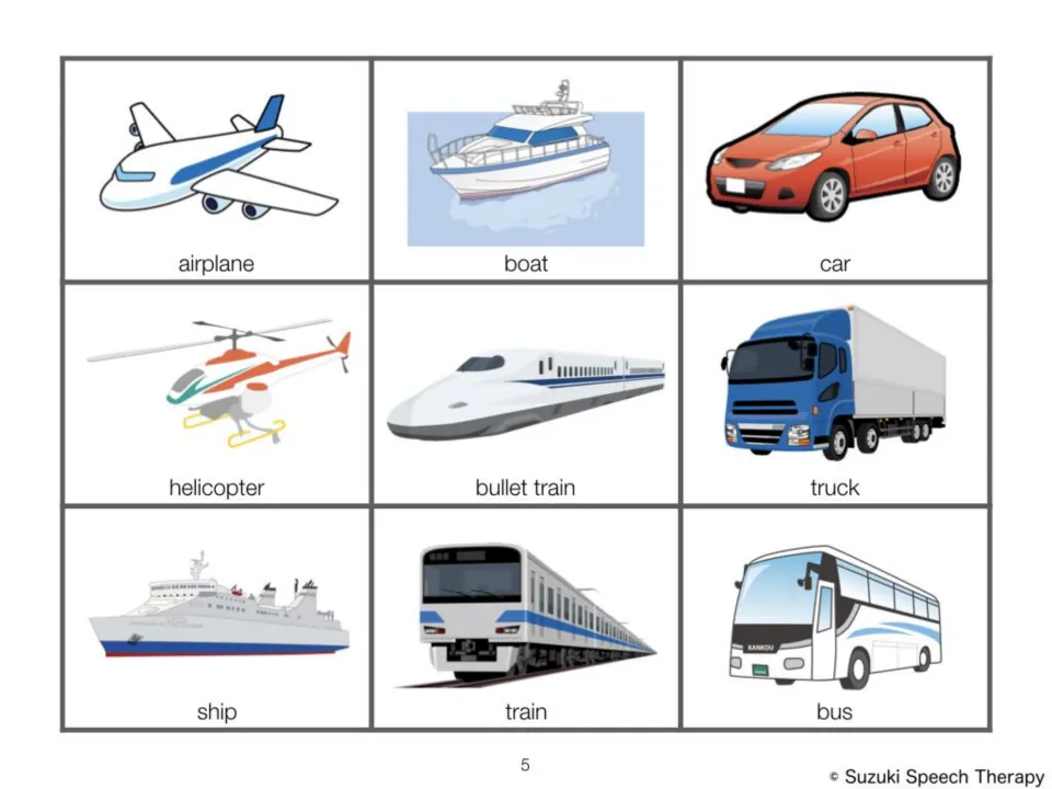 Transportation picture cards: airplane, boat, car, helicopter, bullet train, truck, ship, train and bus to sort