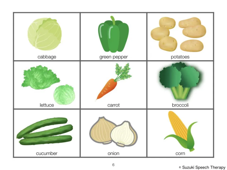 Vegetable picture cards: cabbage, green pepper, potatoes, lettuce, carrot, broccoli, cucumber, onion and corn
