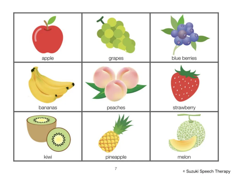 Fruit picture cards to sort: apple, grapes, blueberries, bananas, peaches, strawberry, kiwi, pineapple and melon