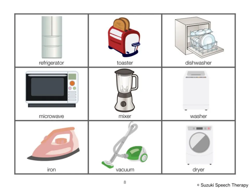 Household appliance cards: refrigerator, toaster, dishwasher, microwave, mixer, washer, iron, vacuum and dryer