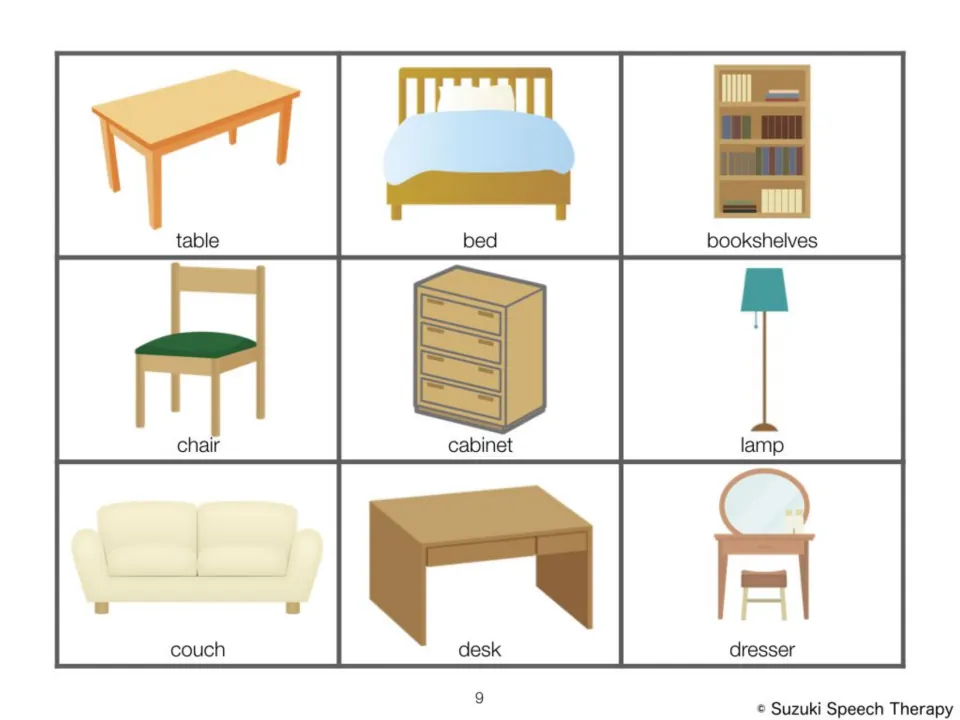 Furniture picture cards: table, bed, bookshelves, chair, cabinet, lamp, couch, desk and dresser for category sorting