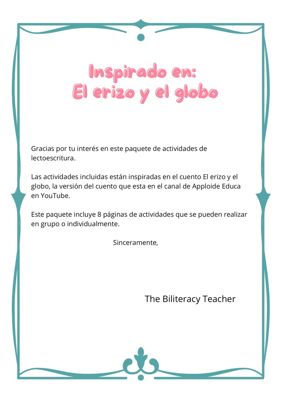 Spanish title page for El erizo y el globo literacy activities, with a note that the pack holds 8 activity pages