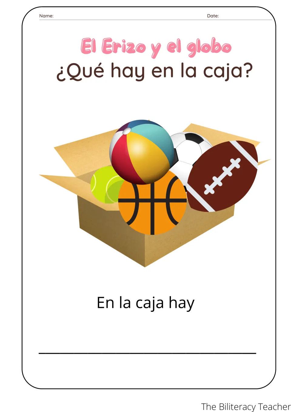 ¿Qué hay en la caja? Students look at a box of sports balls and complete the sentence frame En la caja hay ___
