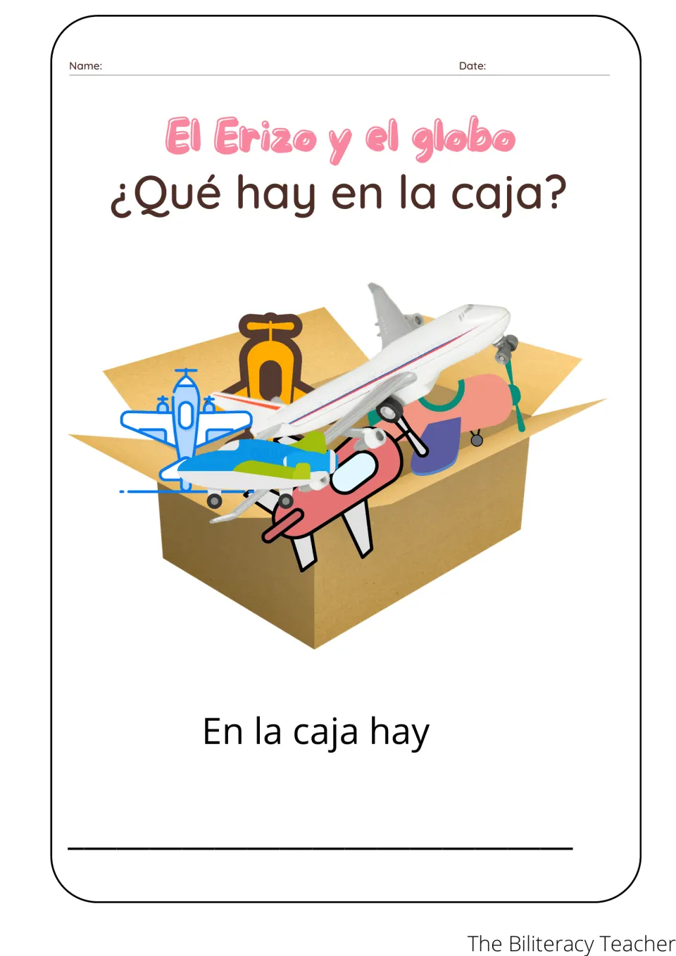 ¿Qué hay en la caja? A box of toy airplanes and a helicopter; students finish the sentence En la caja hay ___