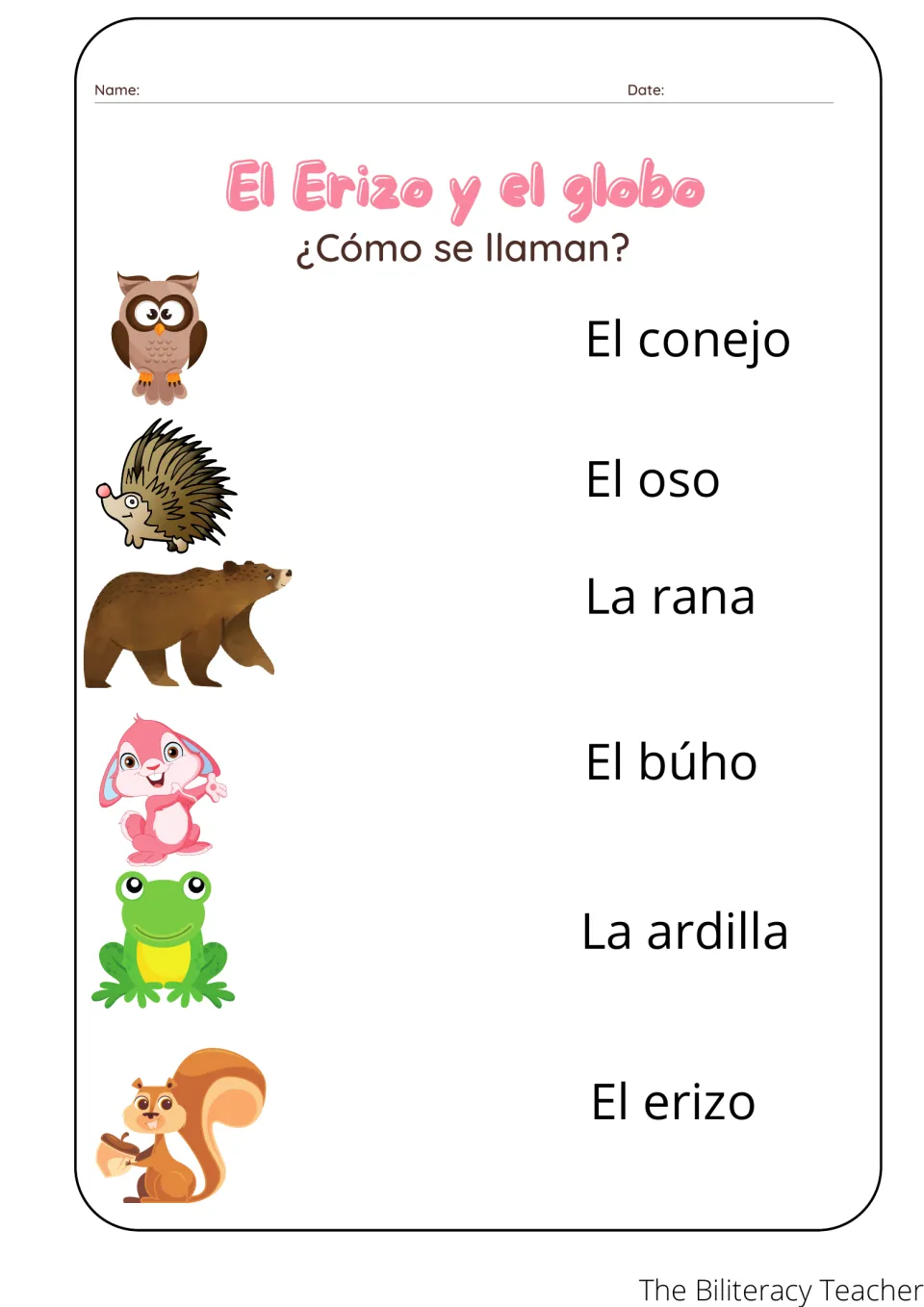 ¿Cómo se llaman? Students match pictures of an owl, hedgehog, bear, rabbit, frog and squirrel to their Spanish names