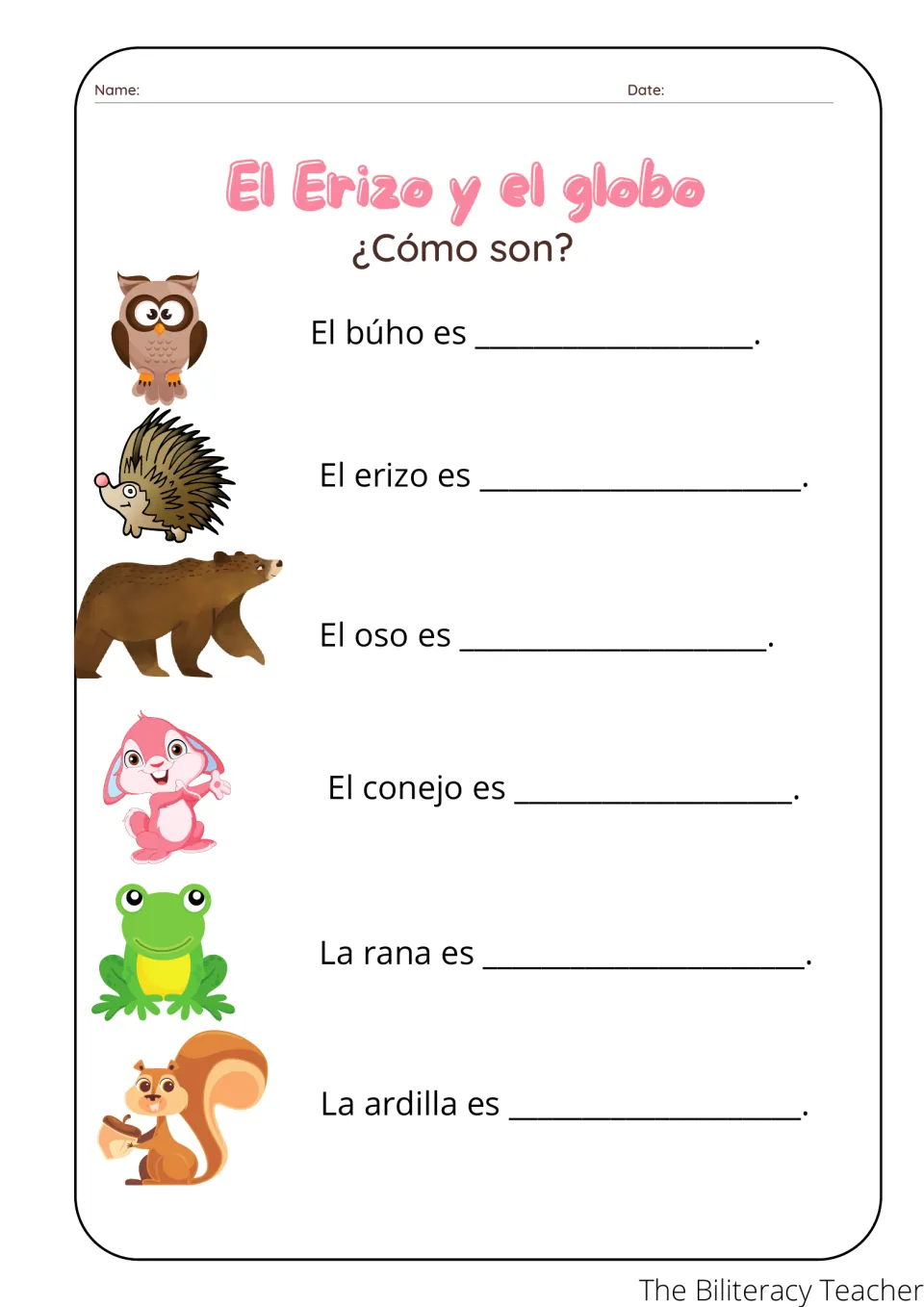 ¿Cómo son? Students write an adjective to describe each animal: El búho es ___, El oso es ___, La rana es ___ and more