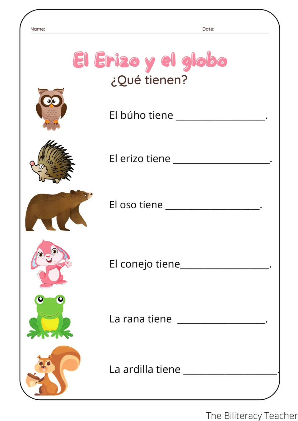 ¿Qué tienen? Students tell what each animal has with frames like El erizo tiene ___ for six pictured story animals