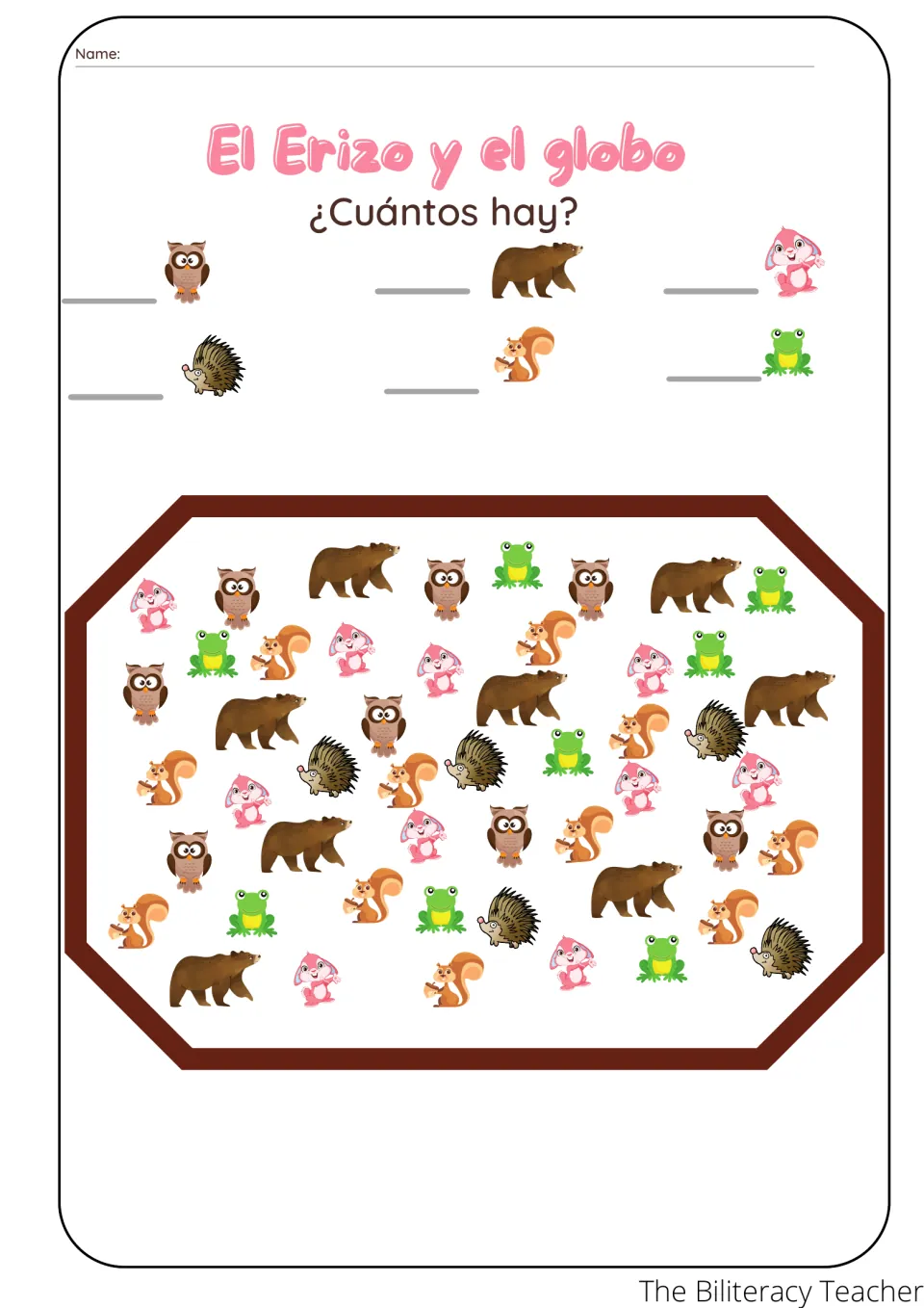 ¿Cuántos hay? Students count the owls, bears, rabbits, hedgehogs, squirrels and frogs in a scene and write each total