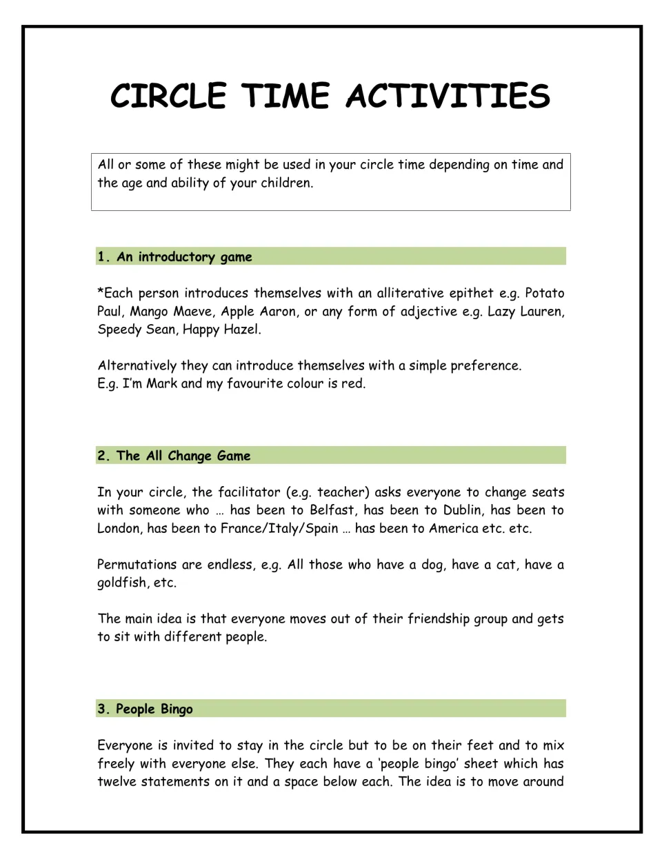 Circle time games: teacher notes for alliterative name introductions, the All Change seat-swap game and People Bingo