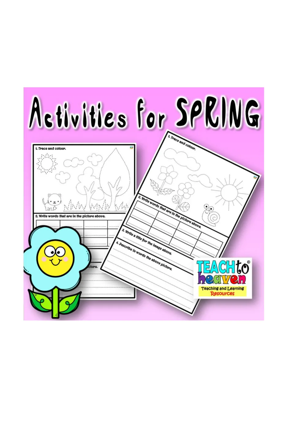 Activities for SPRING cover showing two trace-and-colour spring scene sheets with word, title and description prompts