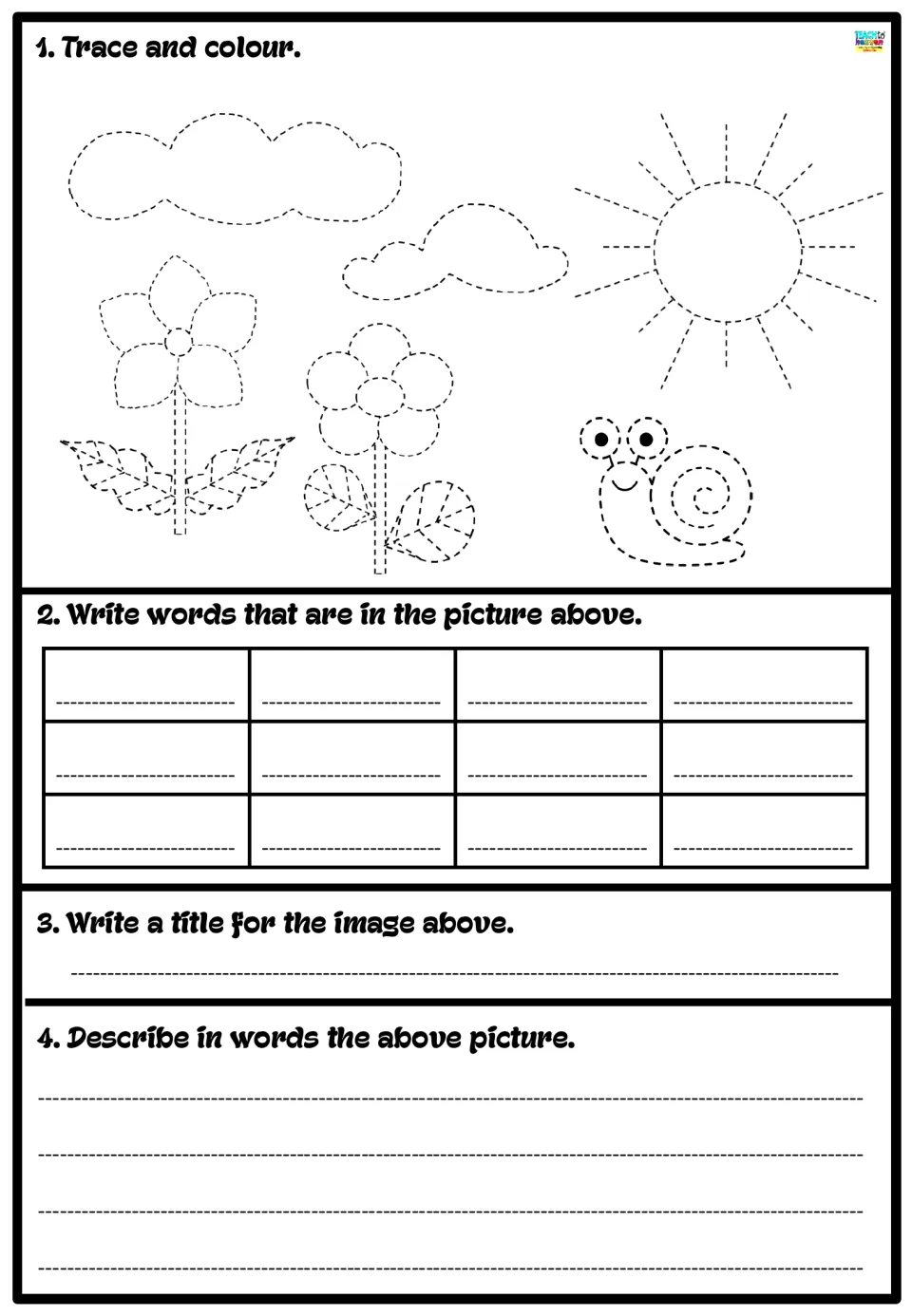 Spring garden scene: students trace and colour flowers, clouds, sun and snail, then list words, title it and describe it