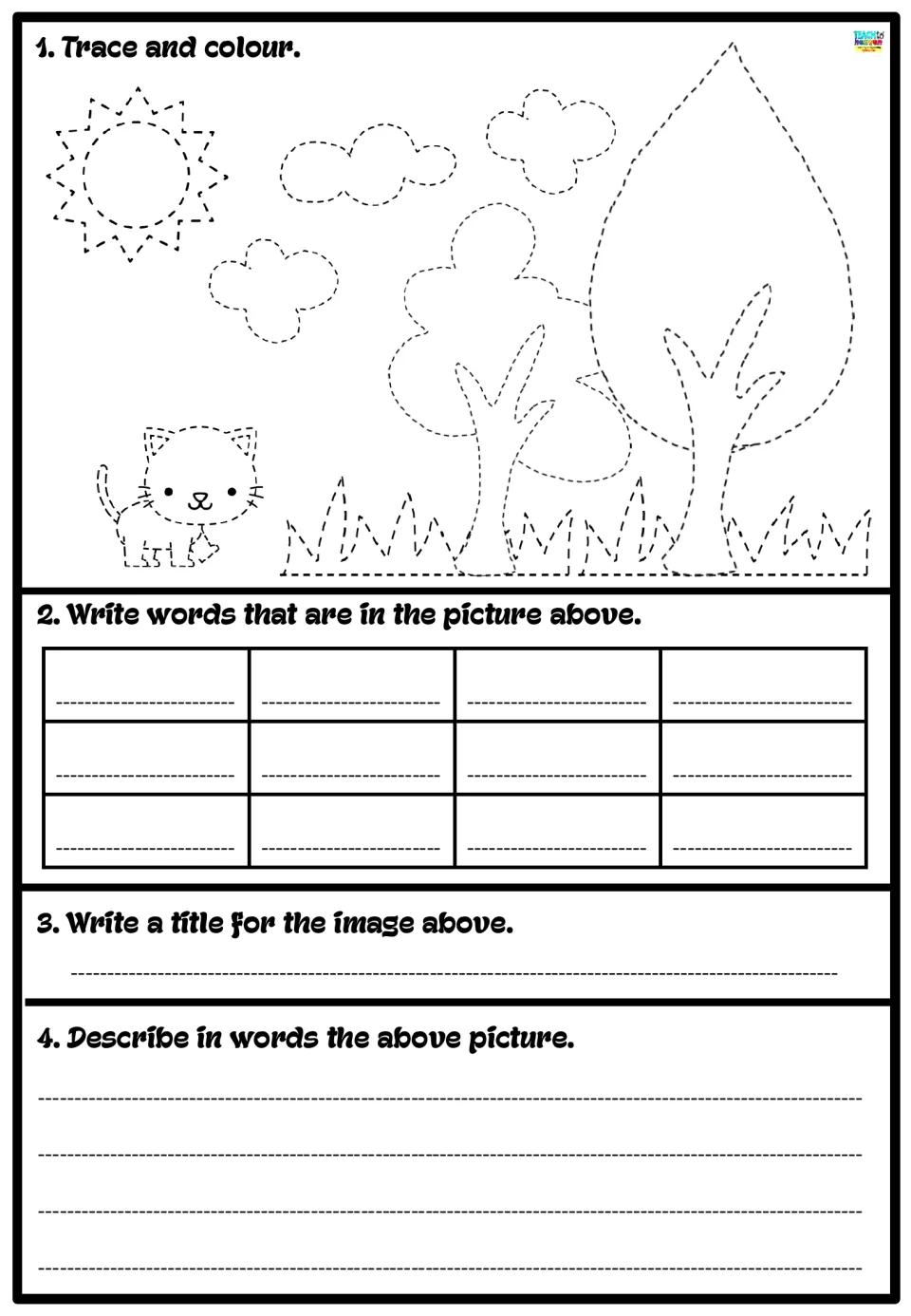 Spring park scene: students trace and colour a kitten, trees, grass and sun, then list words, title it and describe it