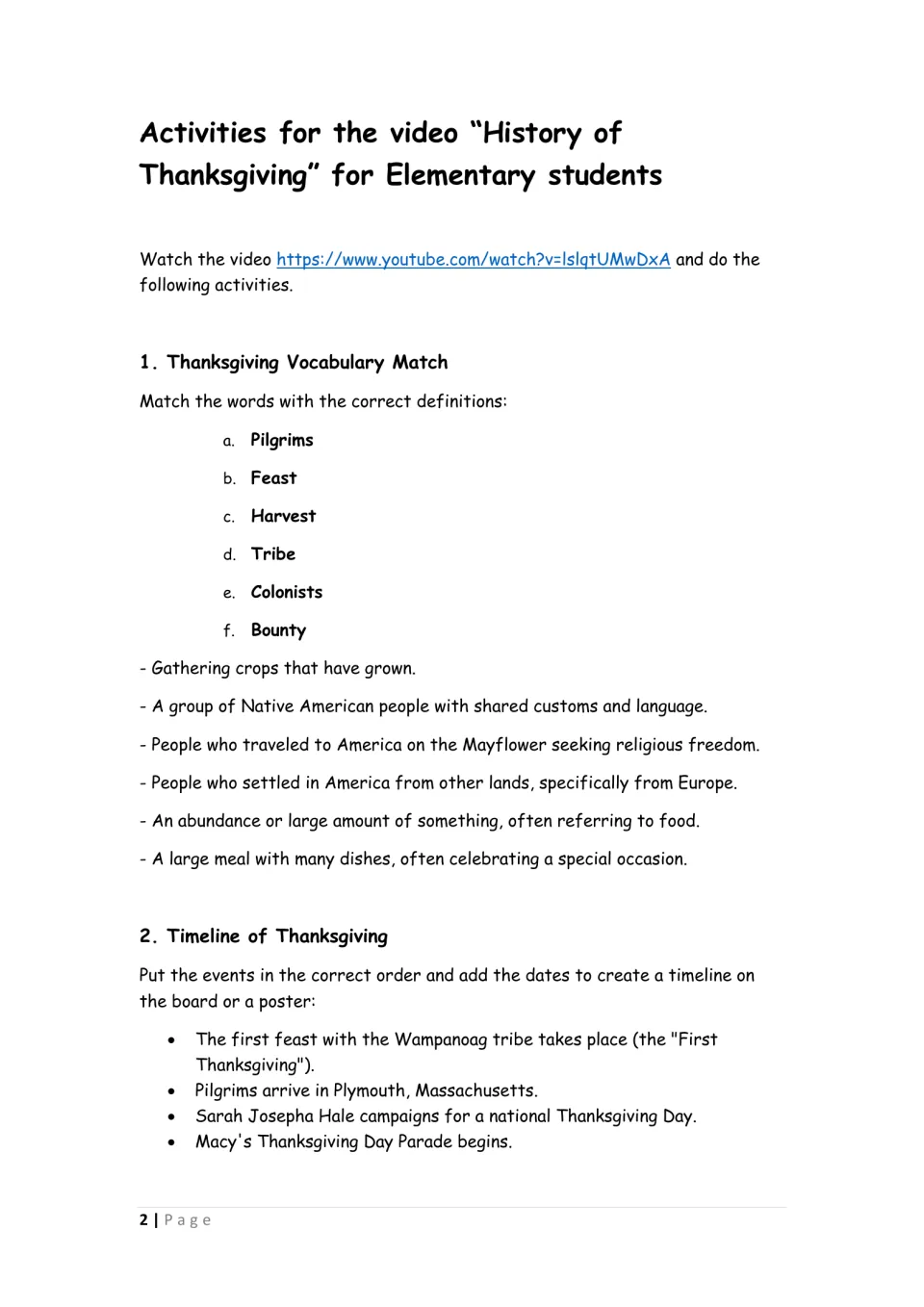 Thanksgiving vocabulary match: Pilgrims, feast, harvest, tribe, colonists, and bounty; timeline activity begins