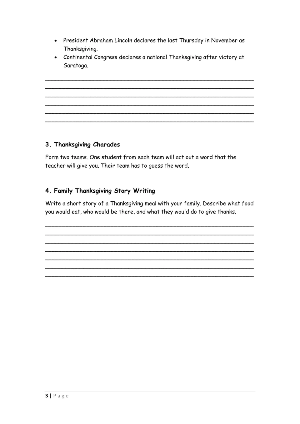 Thanksgiving timeline continues with Lincoln and Congress, followed by charades and a family meal story prompt