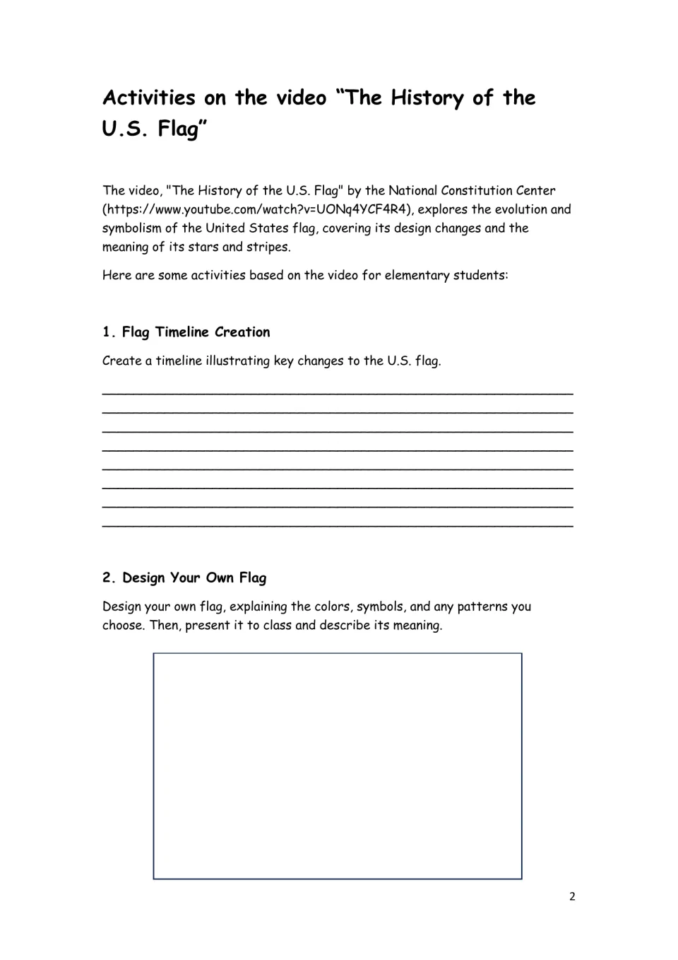 Flag history activities 1–2: create a timeline, then design a flag and explain its colors, symbols, and patterns