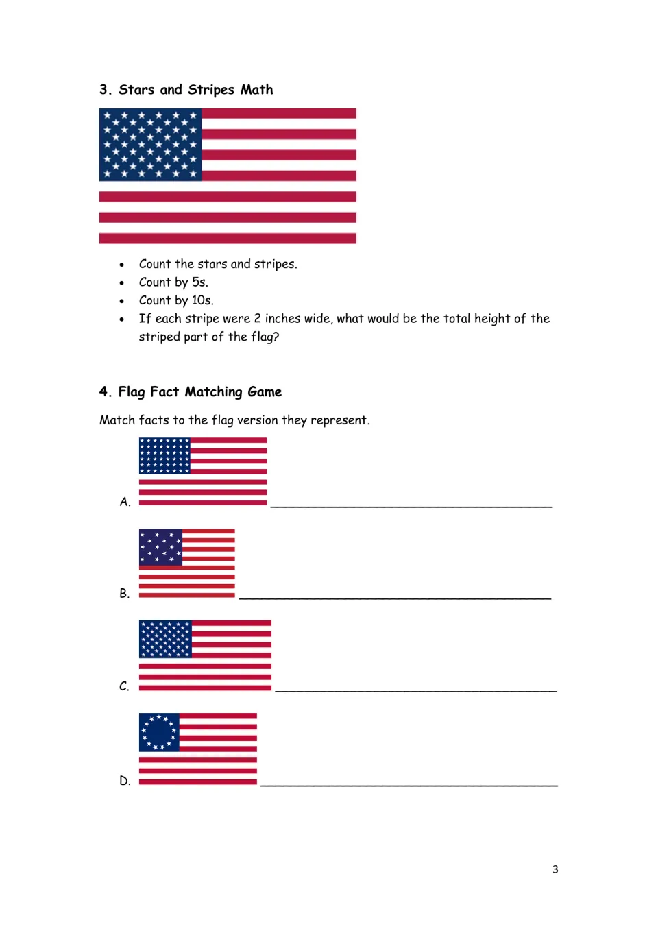 Flag activities 3–4: count stars and stripes, skip-count by 5s and 10s, and match historical flags A–D to facts