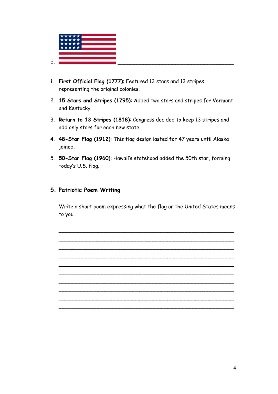 Flag matching activity continues with flag E and five historical facts, followed by a patriotic poem prompt