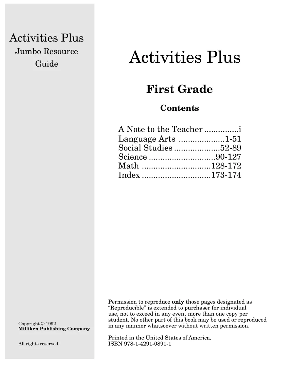 Contents listing a note to the teacher, language arts, social studies, science, math and index pages, plus copyright notice