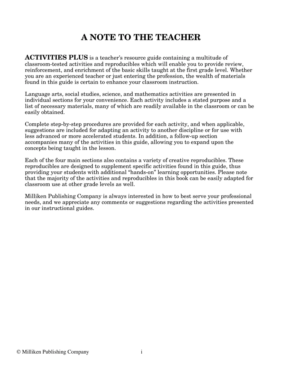 A Note to the Teacher: explains the guide's activities, reproducibles, step-by-step procedures and follow-up sections