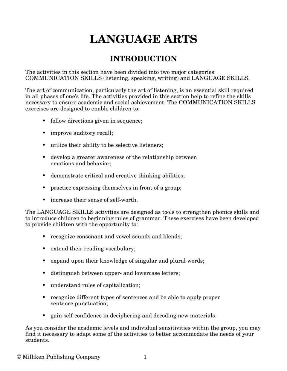 Language arts introduction listing communication skills goals for listening and speaking, plus phonics and grammar goals