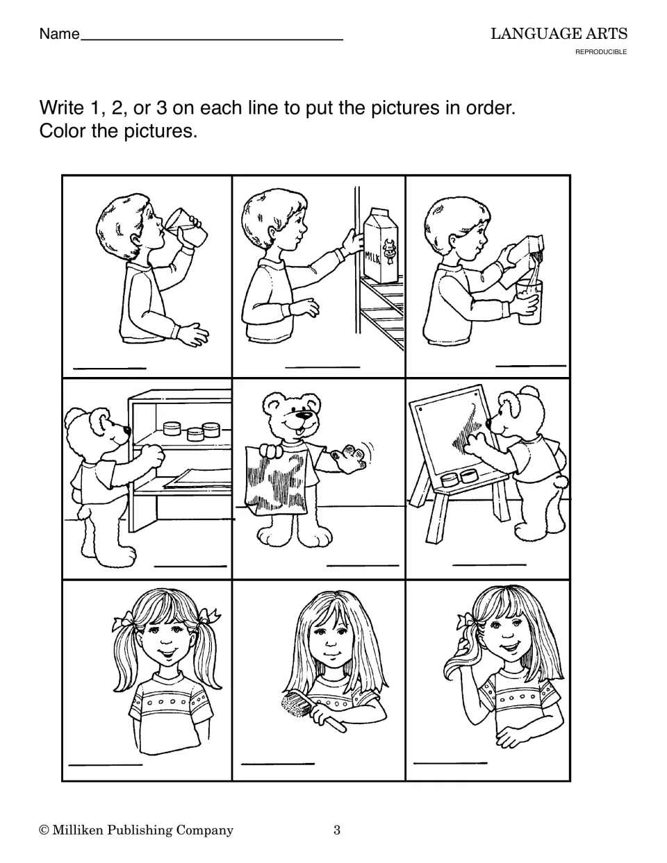 Picture sequencing: students number each set of three scenes 1 to 3: pouring milk, a bear painting, a girl brushing hair
