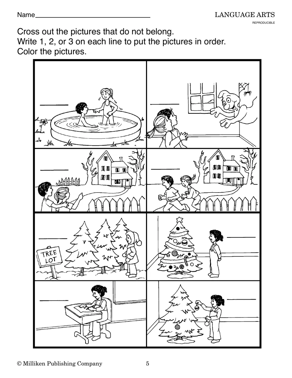 Sequencing with distractors: students cross out pictures that don't belong, then number pool, haunted house and tree scenes
