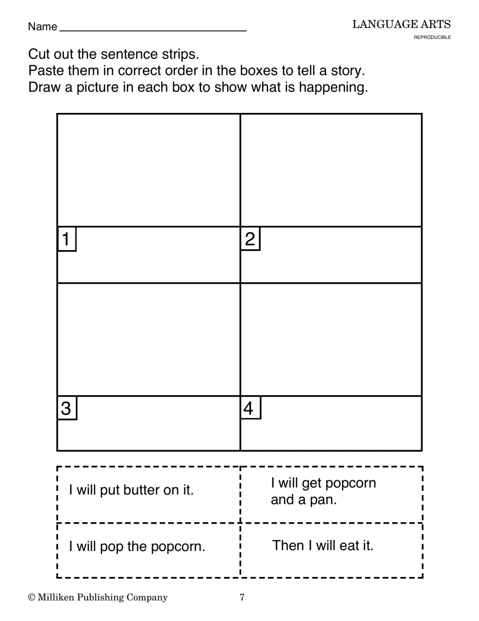 Popcorn story sequencing: students cut out four sentence strips, paste them in order and draw a picture for each step
